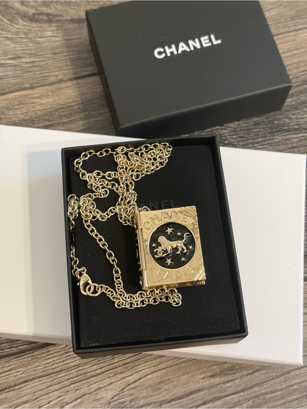 Chanel Lion Book Gold Locket Pendant Necklace, Cruise 2022 Collection